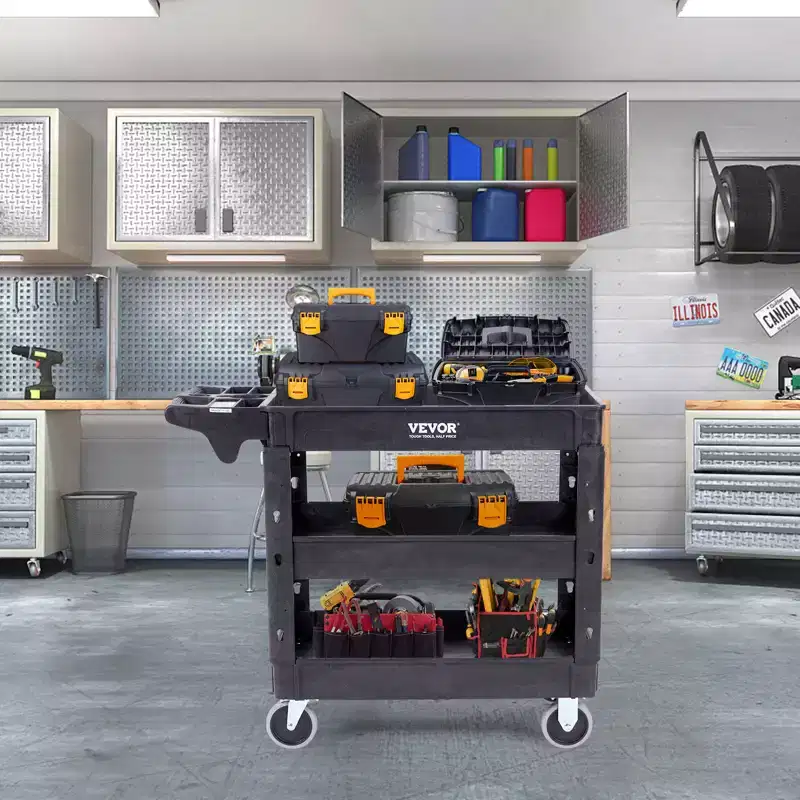 VEVOR Utility Service Cart, 3 Shelf 550LBS Heavy Duty Plastic Rolling Utility Cart with 360 Swivel Wheels (2 with Brakes)