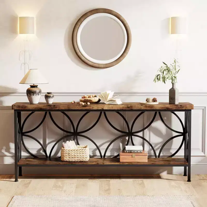 70.9-Inch Narrow Sofa Table, Industrial Long Sofa Table Behind Couch with Storage for Entryway, Living Room, Foyer, Rustic Brown