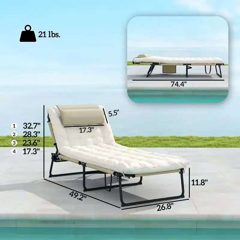 Folding Chaise Lounge Pool Chair with 4-level Reclining Back, Cushion, Side Pocket, Headrest