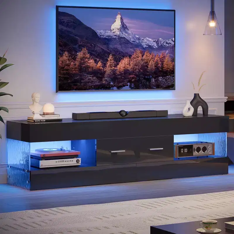 Black High Gloss TV Stand for TV up to 65 LED Television Entertainment Center Modern TV Cabinet with Storage Drawers