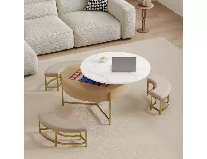 Modern White + Black Round Coffee Table with Lift-Top, Storage, and 3 Ottomans