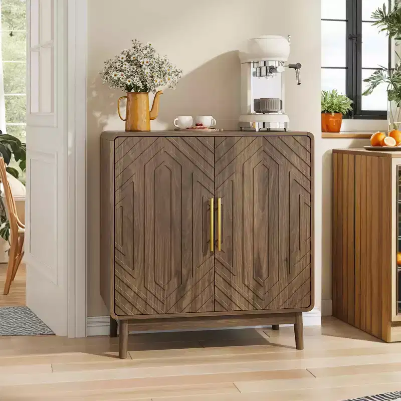 Sideboard Buffet Cabinet with Carved 2 Doors – Walnut, Adjustable Shelf