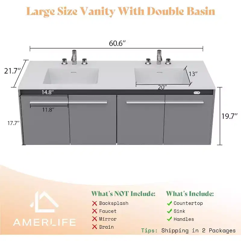 AMERLIFE LED Floating Bathroom Double Vanity with Sink Combo