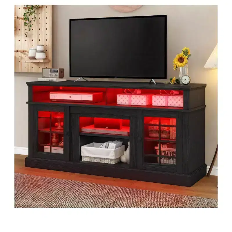 Farmhouse TV Stand for 70 Inch TV, LED Entertainment Center with Adjustable Shelves & Glass Doors, TV Media Console Table for Living Room