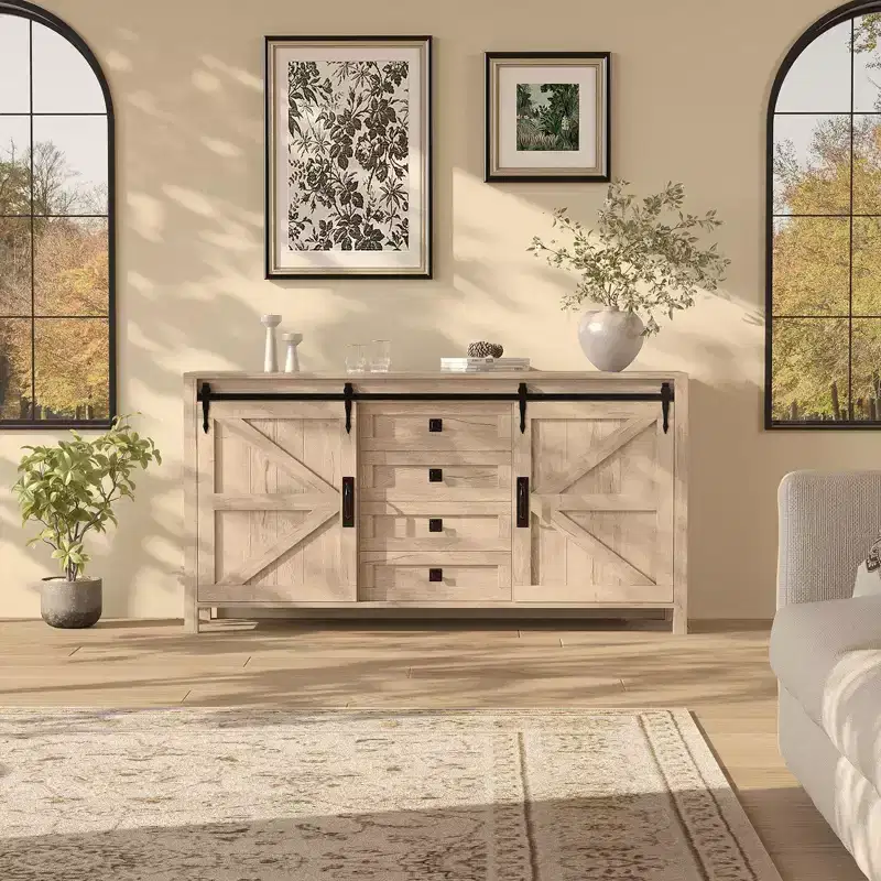 60 Farmhouse Sideboard Buffet Cabinet with Sliding Barn Doors and 4 Drawers