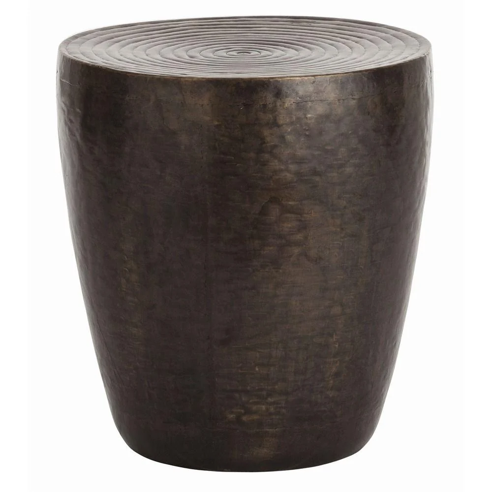 Industrial Iron Side Table with Round Drum Top & Antique Bronze Repousse Detail for Living Room