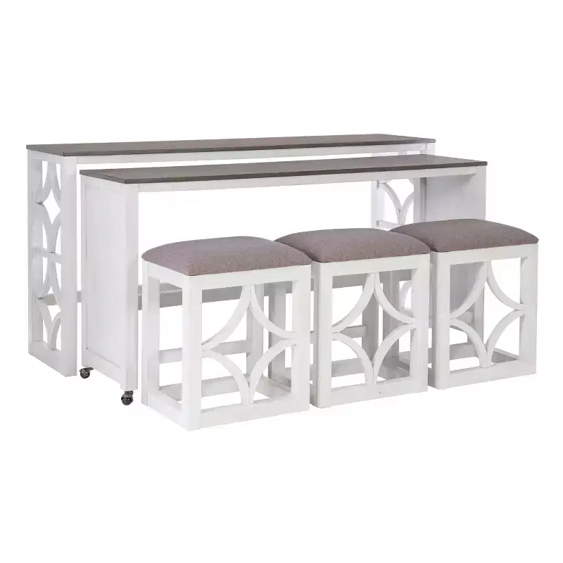 Powell Adams Solid Wood Rolling Console Dining Set with 3 Beige Upholstered Padded Seat Stools White: Rectangle Table, Nesting, Non-Extension