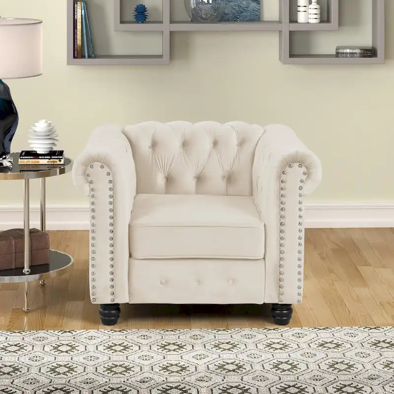 Velvet Chesterfield Club Chair, Button Tufted Upholstered Armchair with Nailhead and Solid Wood Legs for Living Room