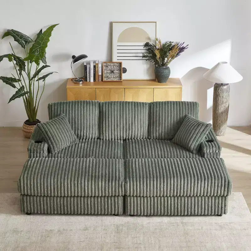 84-Inch Corduroy 3-Seater Sofa with 3 Back Pillows, 2 Toss Pillows, 2 Ottoman, 2 Storage Spaces and Cup-Holding Grooves