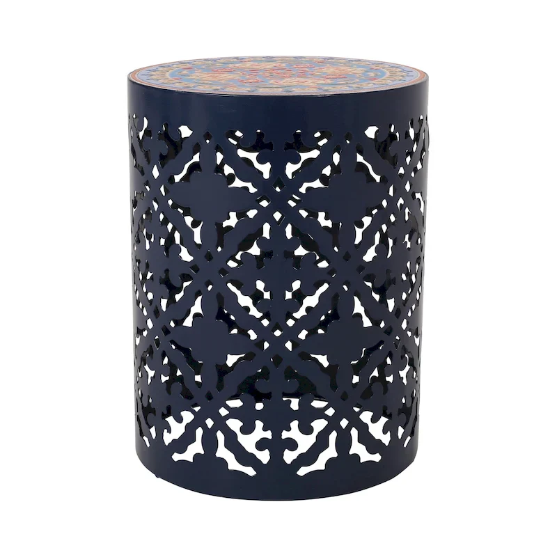 Indoor Lace Cut Side Table with Decorative Tile Top | Boho Accent Table