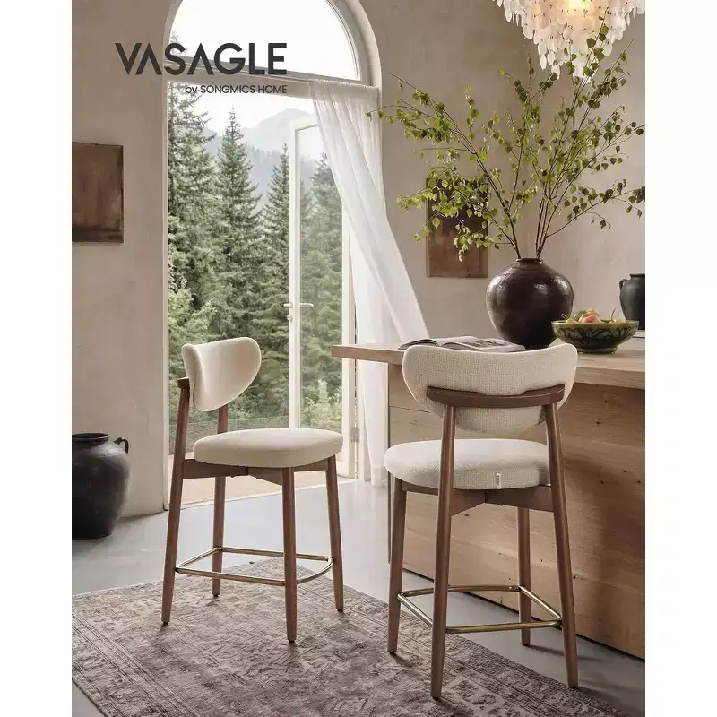 VASAGLE Wooden Bar Stools Set of 2, Upholstered Counter Height Barstools with Solid Wood Legs, Ergonomic Backrest, Linen-Look Fabric, Cappuccino