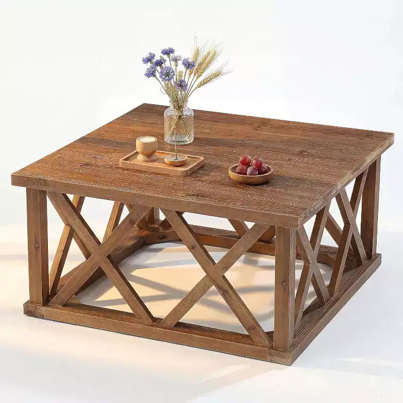 Brown Square X-Frame Solid Wood Coffee Table, Farmhouse Style, Seats 2–4