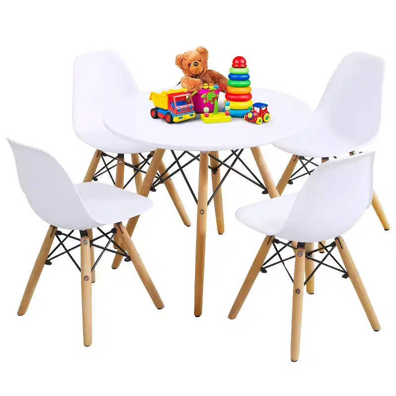 Costway Children Table & 4 Chairs Set Solid Construction 5 PCS Dining Table Toddler White
