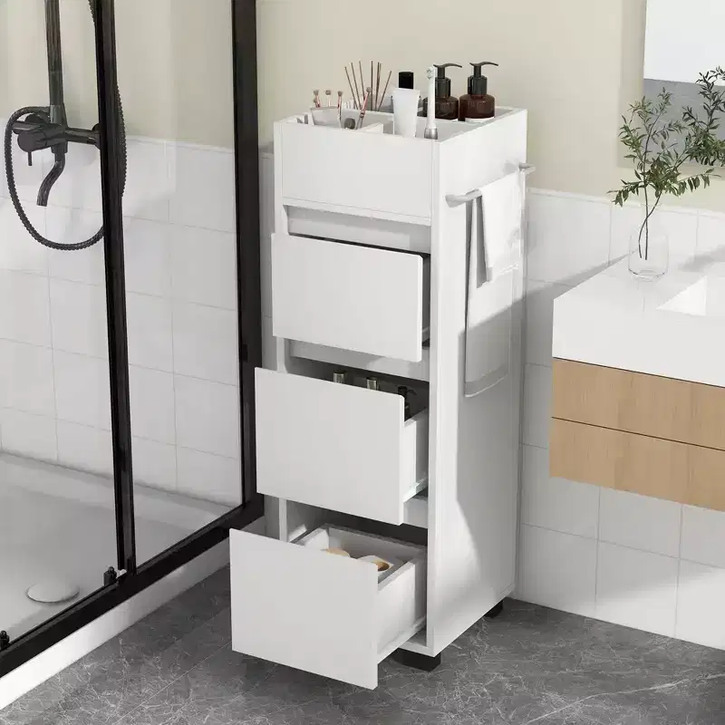 Costway Bathroom Floor Cabinet with 3 Drawers 4 Compartments 2-Side Available Towel Shelf White