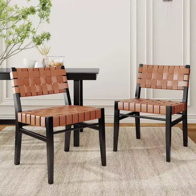 Christopher Knight Home Set of 2 Oliver Woven Faux Leather Rubberwood Dining Chairs Brown
