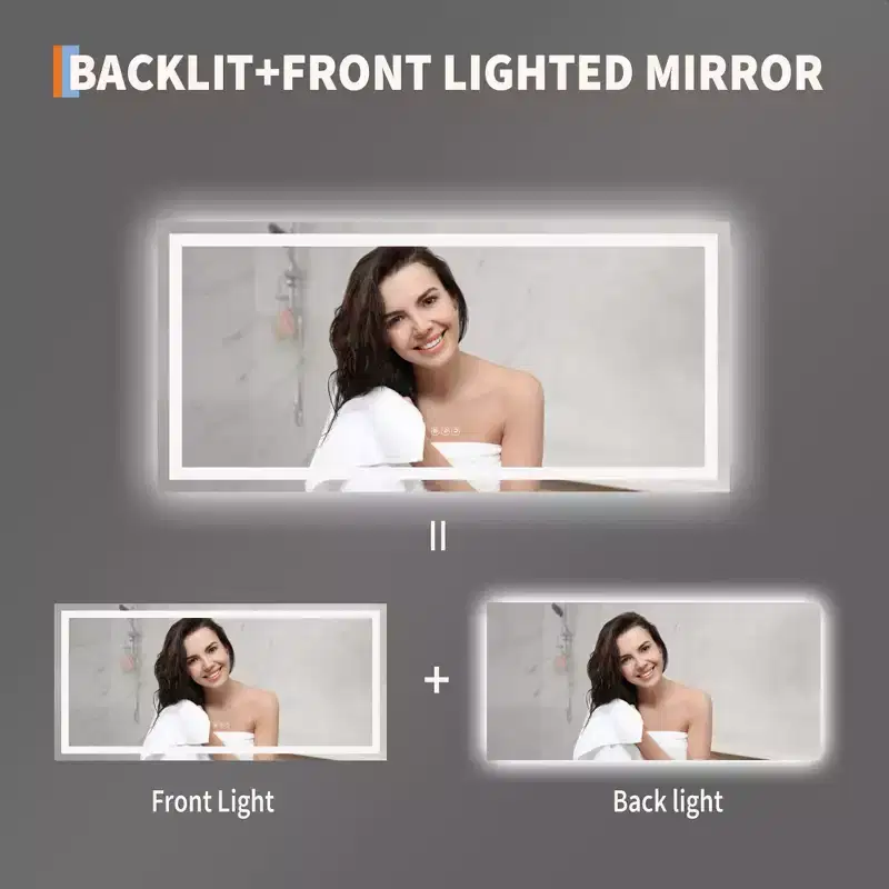 Bathroom Mirror with Lights, Dimmable, Anti-Fog, Backlit + Front Lit, Lighted Bathroom Vanity Mirror for Wall, Memory Function, Shatter-Proof