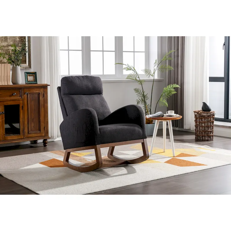 Upholstered Rocking Chair with Wood Legs and Side Pockets