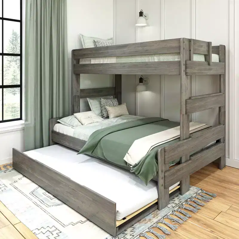 Farmhouse Twin over Full Bunk Bed with Trundle - Solid Pine, Barnwood Finish, 400 lb Capacity