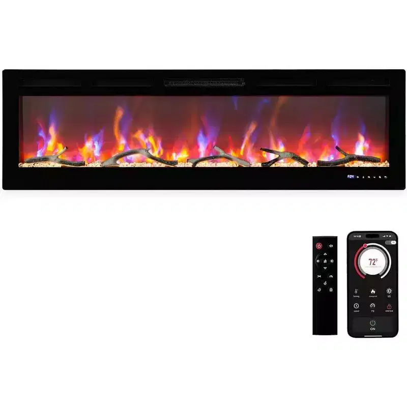 80 Inch Electric Fireplace, Recessed and Wall Mounted, Smart WiFi Alexa Voice Control, 3D Flame Effect, 12 Colors, 750W/1500W