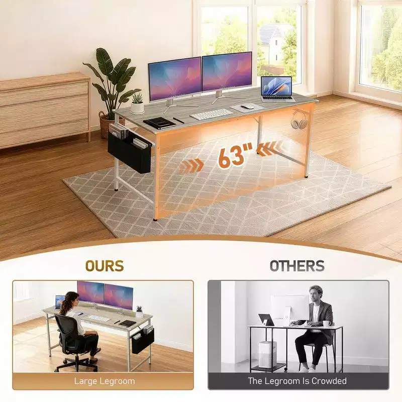 Karl Home 63 Computer Desk for Home Office ,Study Writing Desk with Storage, Side Hooks & Adjustable Feet