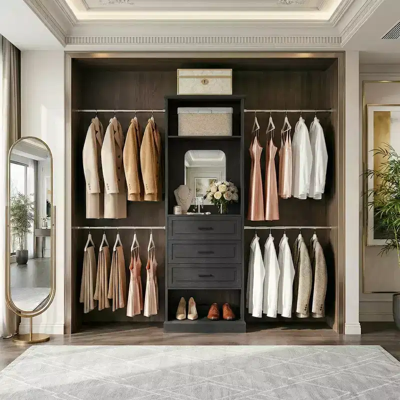 Closet System with 4 Hanging Rods, 3 Drawers and Mirror