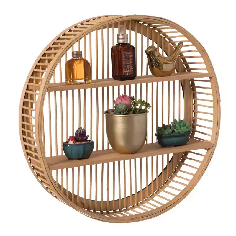 Vintiquewise Decorative Rattan Round Display Shelf With 2 Shelves for The Dining Room, Living Room, or Office.