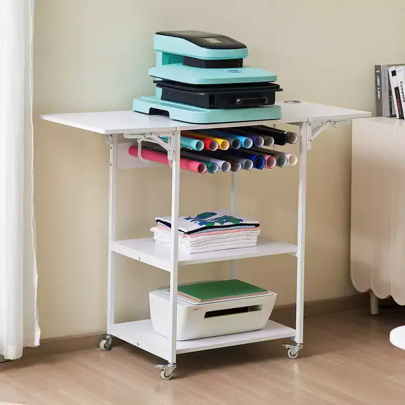 Heat Press Table, 3-Tier Movable Stand, Foldable Heat Transfer Machine Stand with Wheels and Vinyl Roll Holder, Rolling Workbench, White