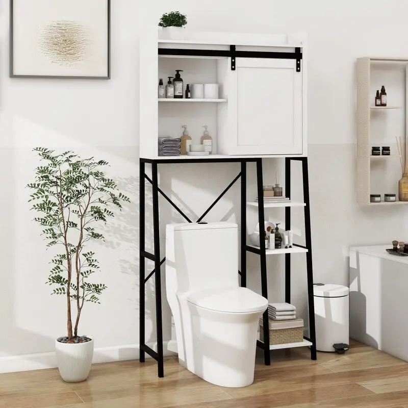 Grondin Mid-Cen tury Modern Style Over-the-Toilet Bathroom Storage Cabinet, Barn Door Wooden Bathroom Organizer Space Saver Rack