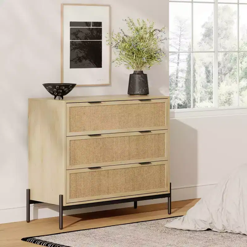 Nathan James Andrew 3 Drawers Storage Cabinet with Natural Rattan Accent and Metal Legs: Bohemian Charm, Ample Storage