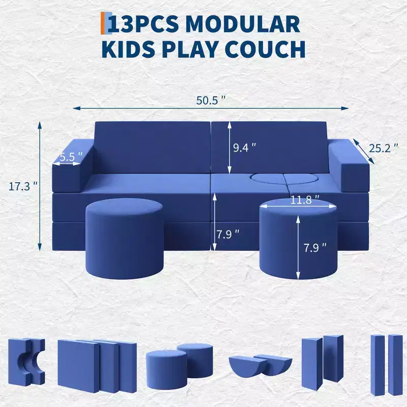 13PCS Kids Modular Play Couch, Climbing and Crawl Foam Play Set, Washable Velvet Sectional Sofa, Convertible Floor Chair for Living Room
