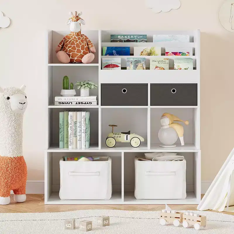 4 Tier Children's Wooden Bookcase with Drawers, 47.8 Inch Toy Storage Bookcase, Book Display Shelf, Nursery, Children's Room, Playroom, Classroom