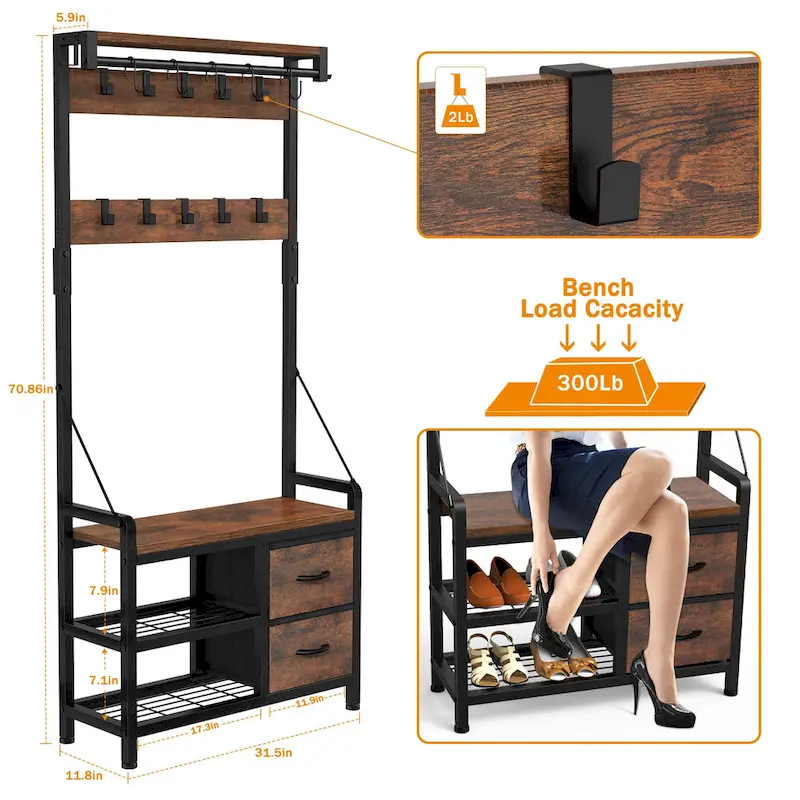 Hall Tree with Bench, Can Divided into freestanding Shoe Bench and Wall Rack