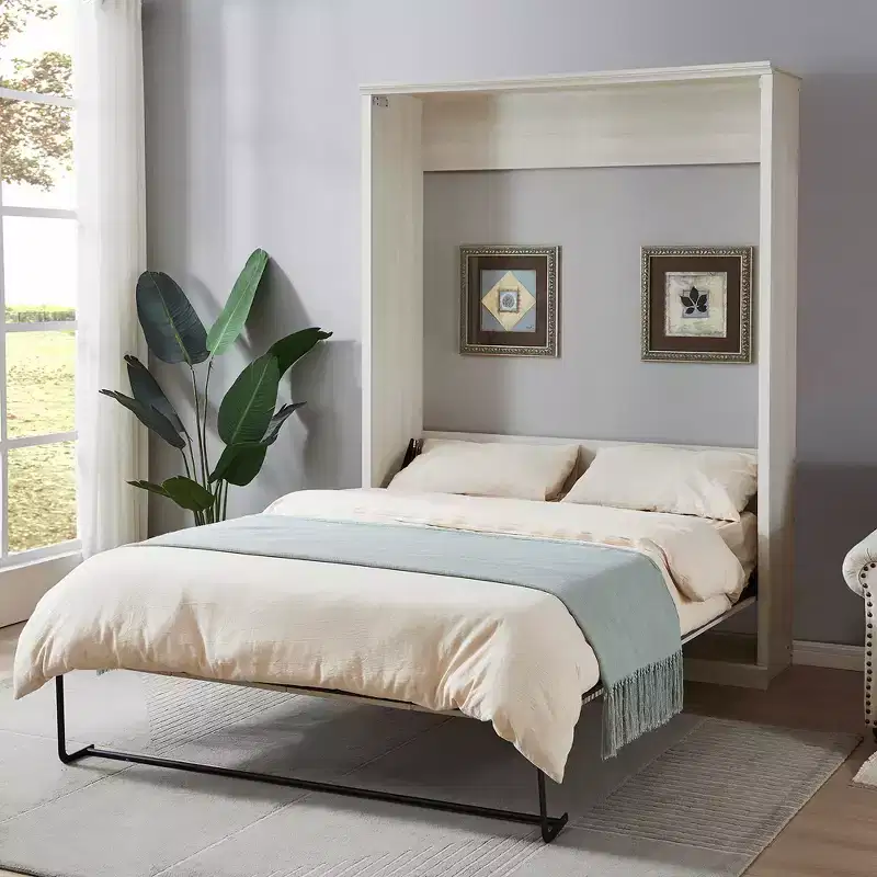Queen Size Half Self-Close Murphy Bed Cabinet with Dual Piston System, Rustic White
