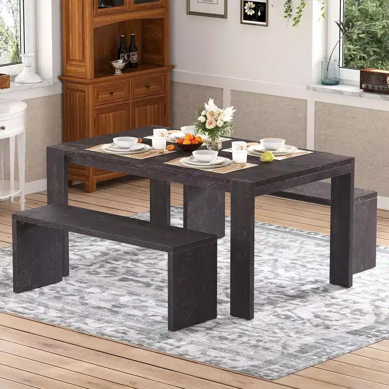 Clihome 3-piece Farmhouse Style Simple Dining Set, Dining Table and 2 Benches, for Dining Room, Kitchen and Living Room