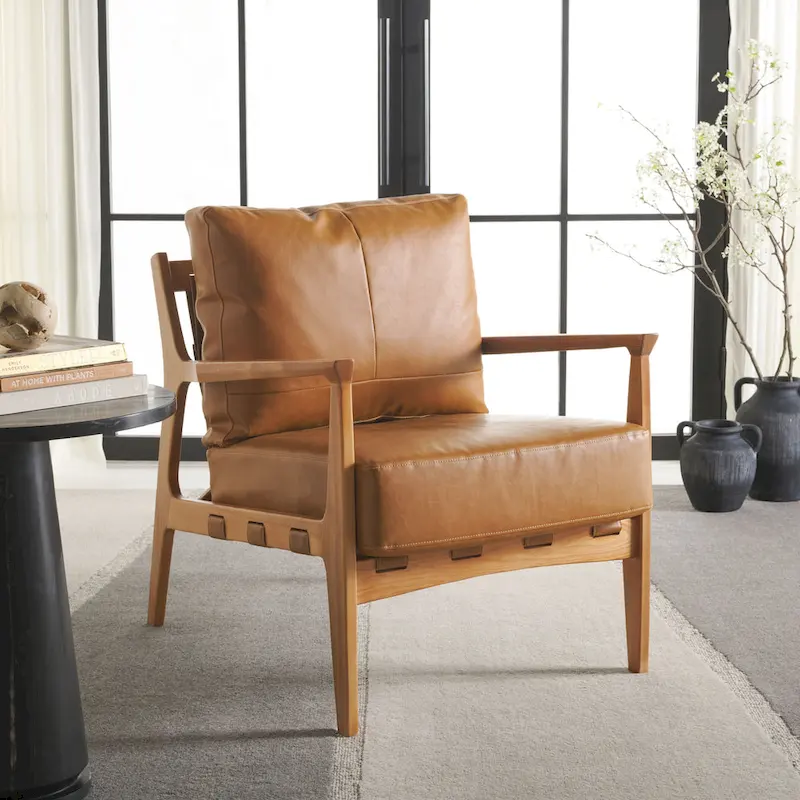 Solid Ashwood Accent Chair with Padded Cushion, Reclining Frame, Caramel Brown Stain-Resistant Fabric