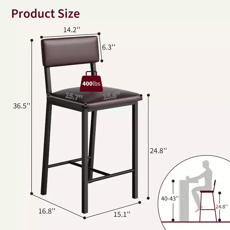 Bar Stools Set of 4, 25 in Kitchen Barstools with Thick Cushion, Backrest and Footrest, for Dining Room, Kitchen