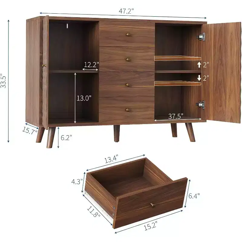 47.2 W Sideboard Buffets Cabinet with 4 Drawers, Large Buffets Cabinet with Storage, Wood Farmhouse Buffet Cabinets with 2 Door, for Home