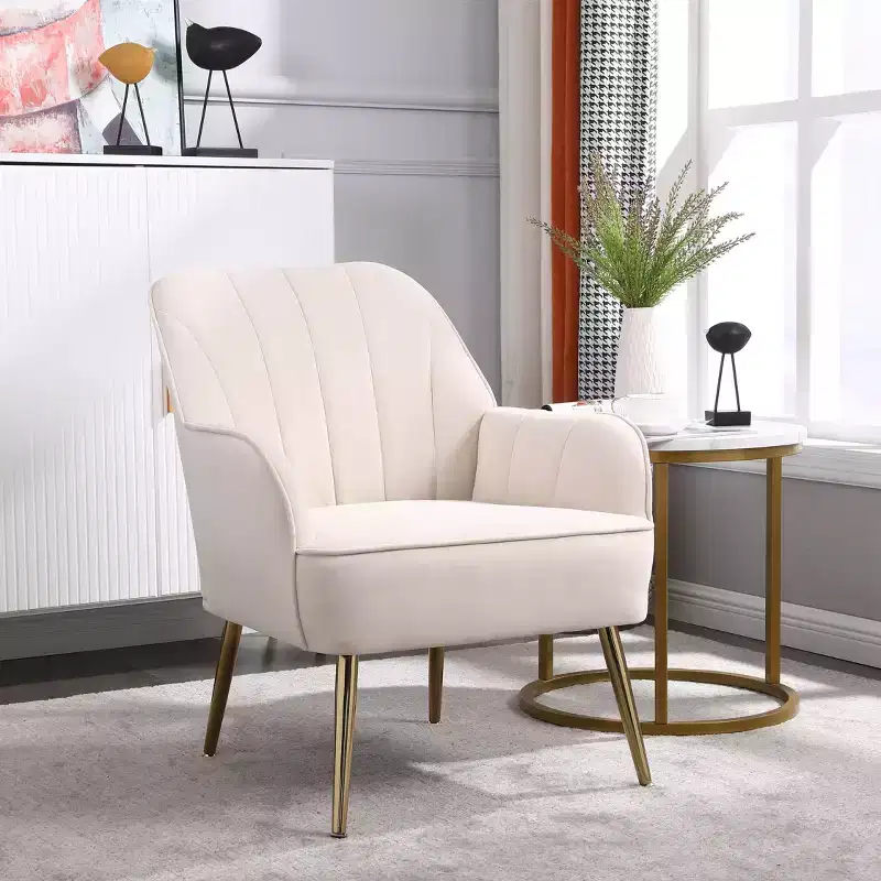 Modern Velvet Accent Chair Living Room Chair with Upholstered Mid-Century Stylish Armchair with Golden Wood Legs for Reading Room Bedroom