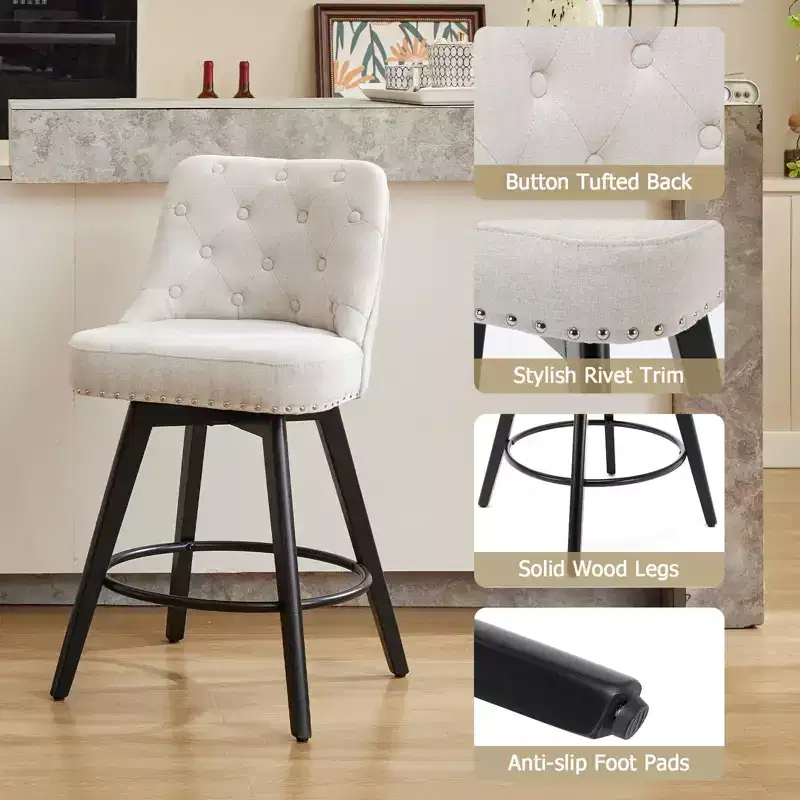 Bar Stools, Set of 4 Counter Height 26 in H Swivel Bar Stools with Back, Wood Legs Upholstered Linen Beige