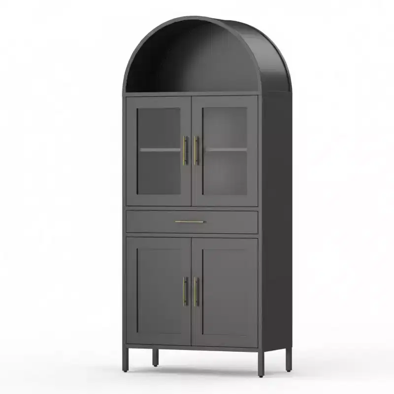 GustoWave Black Arched Cabinet with Glass Doors - Metal Pantry Storage with Drawer & Adjustable Shelves
