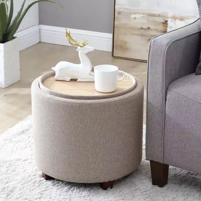 Ornavo Home Lawrence Round Storage Ottoman with Table Top Lid