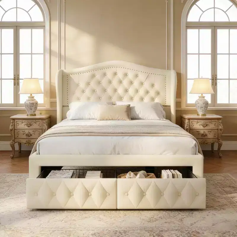 Dyonery Queen Size Platform Bed Frame, Velvet Upholstered Bed with Deep Button Tufted & Nailhead Trim Wingback Headboard/No Box Spring Needed