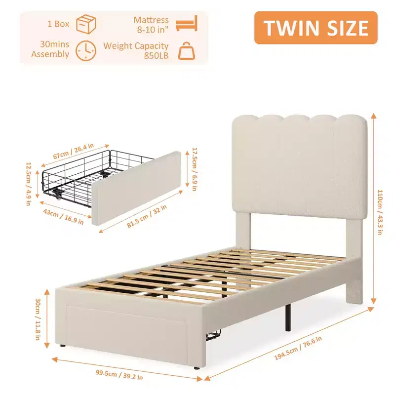 Velvet Upholstered Twin Bed Frame with Drawer Storage and Headboard,Kids Platform Bed Frame for Girls,Wooden Slats Support,Low Profile Design