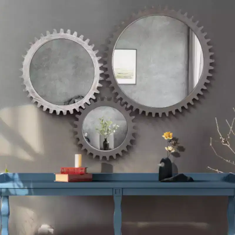 Vintage 17-inch X 17-inch Wooden Round Wall-mounted Gear-shaped Decorative Mirror With A Collage Effect