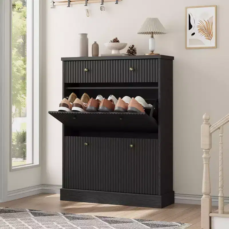 Shoe Cabinet with 2 Flip Drawers & 1 Top Drawer, Modern Narrow Storage Organizer with Adjustable and Removable Shelves