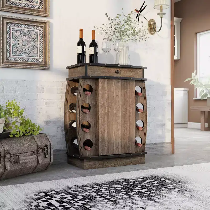 24/7 Shop At Home Bundti Mini Bar with 8 Slot Wine Bottle Rack Reclaimed Oak: Adjustable Shelf, MDF Storage Cabinet