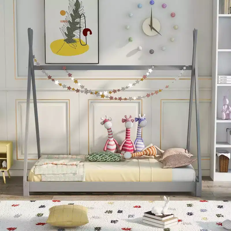 Wood Twin Bed Frame for Boys and Girls, Montessori Twin Size Tent Design Floor Height Platform Bed House Bed Frame