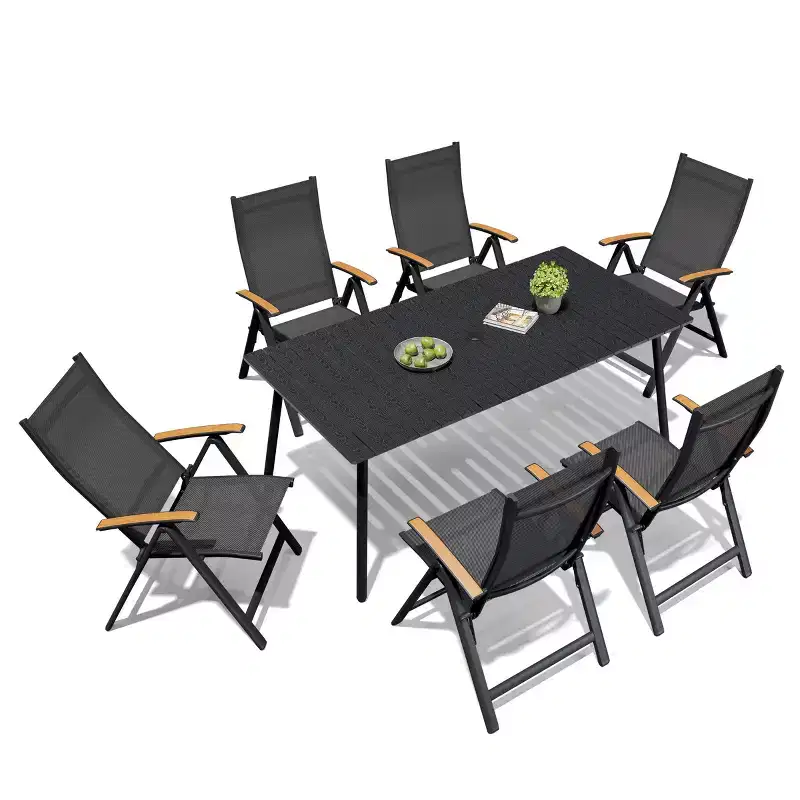 Crestlive Products Outdoor Dining Set Patio Dining Table with folding Dining Chairs Wooden-Like Top and Aluminum Frame Umbrella Hole