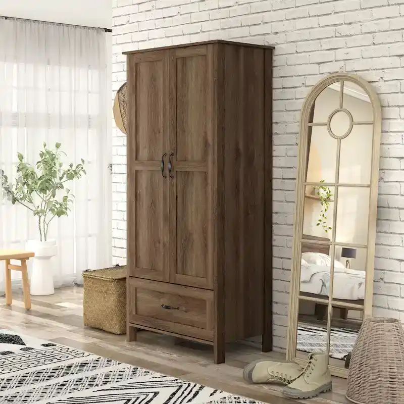 Rustic Distressed Walnut Wardrobe Closet with Double Doors and 1 Drawer, 71H x 33W x 19.5D in