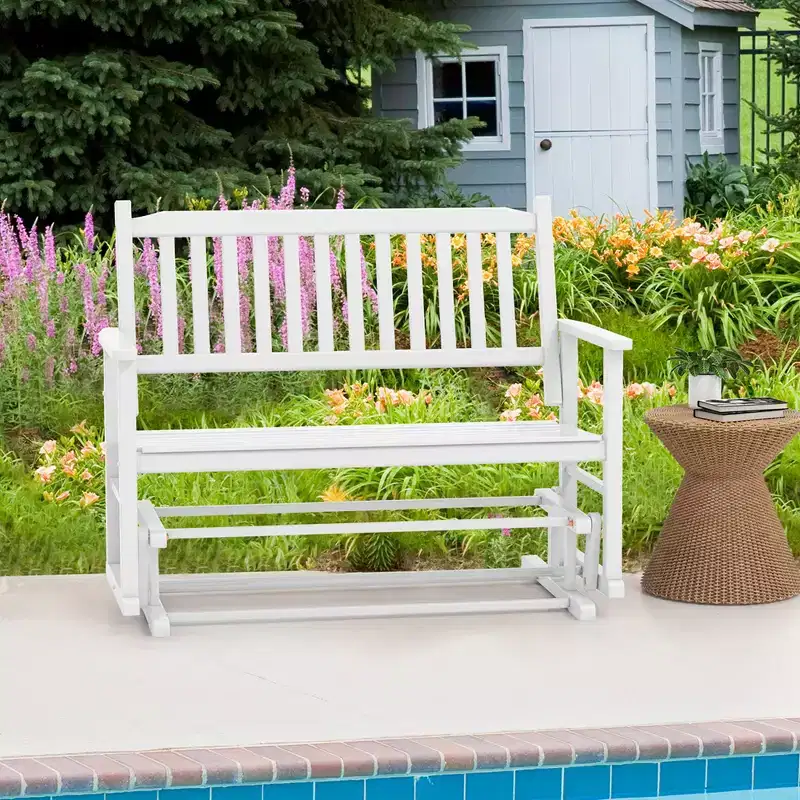 Costway Patio Glider Loveseat Chair Swing Rocking Bench with Slatted Seat & Curved Backrest White/Natural/Gray
